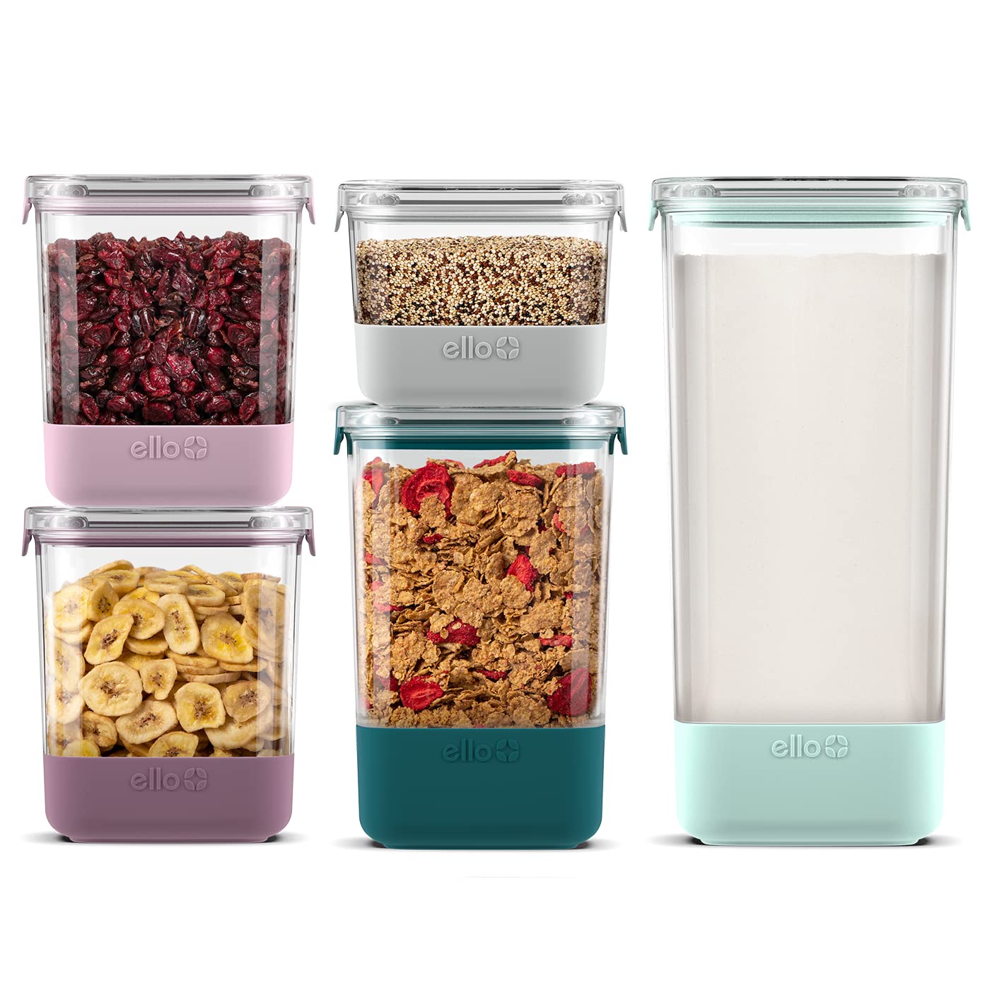 Photo 1 of Ello Airtight Food Storage Plastic Canisters with Non-Slip Base Locking Lids and Labels for Kitchen and Pantry Organization Perfect for Sugar, Cereal, Pasta | Set of 5 Mixed Set | Garden Goals