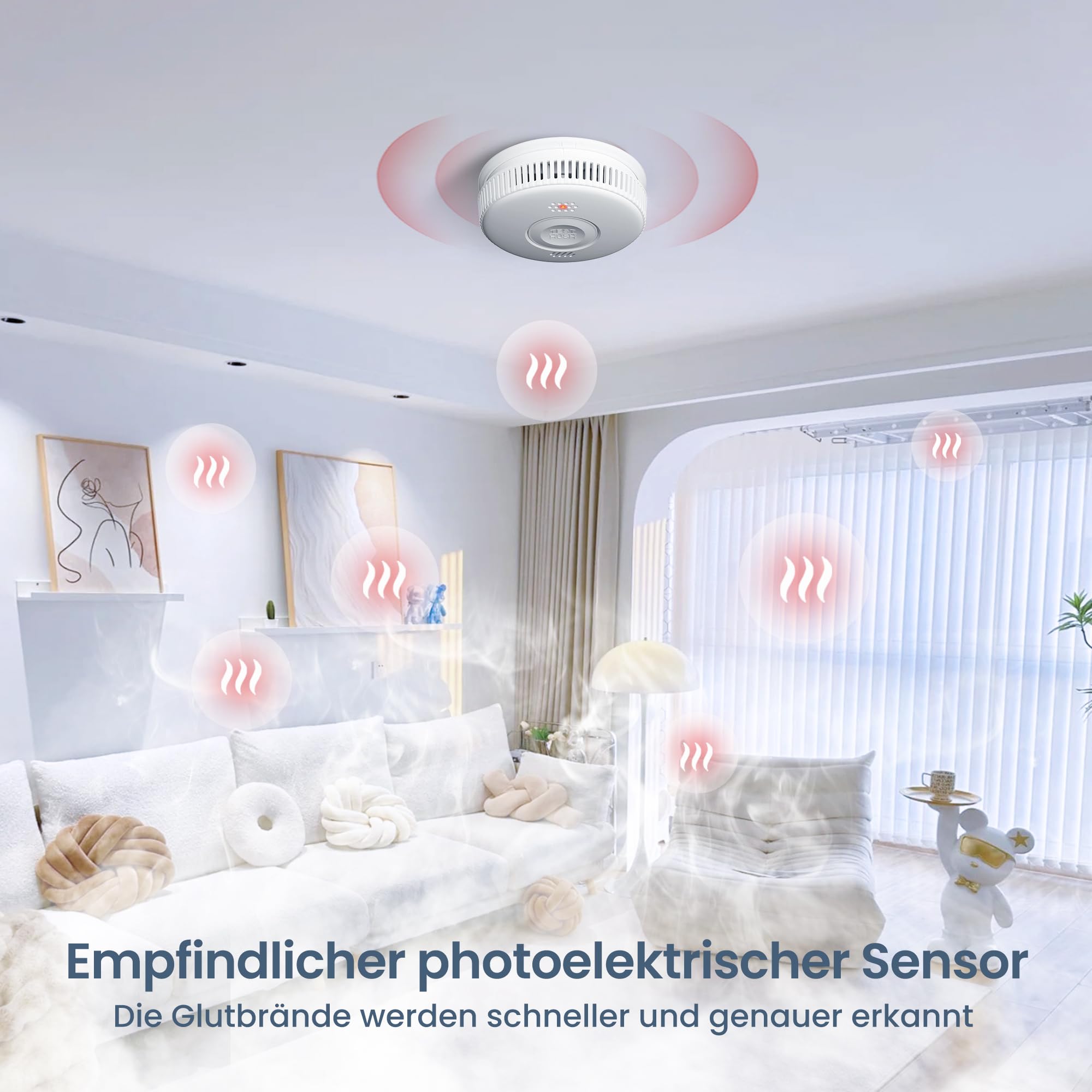 Rauchmelder 10 Jahre Batterie, TÜV Rheinland Zertifizierter Photoelektrischer Rauchwarnmelder mit Klebepad, Feuermelder mit Stummschaltfunktion, EN14604 2