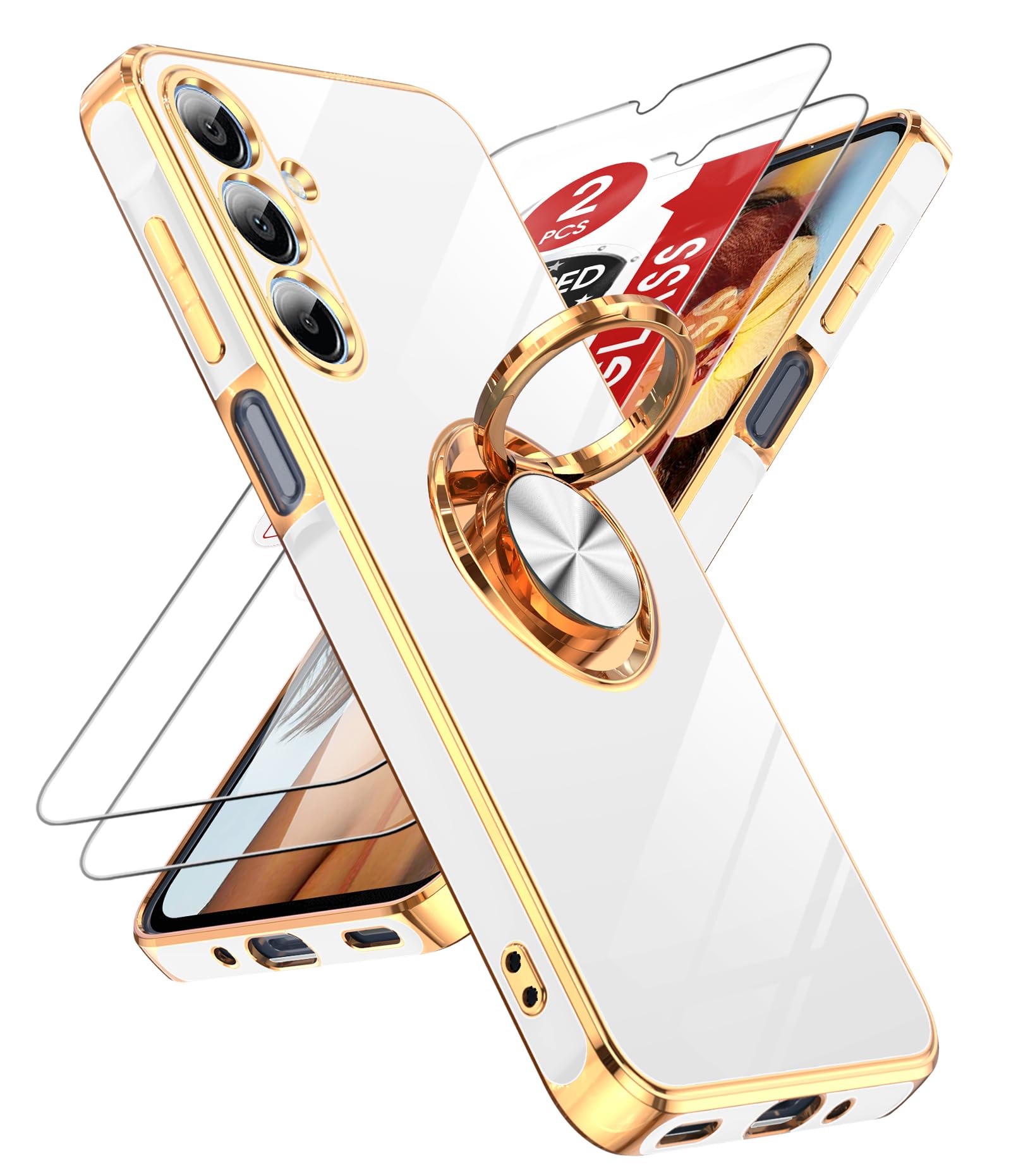 Photo 1 of LeYi for Samsung Galaxy A16-5G Case: 2 Pack Tempered Glass Screen Protector and 360° Rotatable Ring Holder Magnetic Kickstand, Plating Rose Gold Edge A16 5G Case, Cute Present for Mom, White
