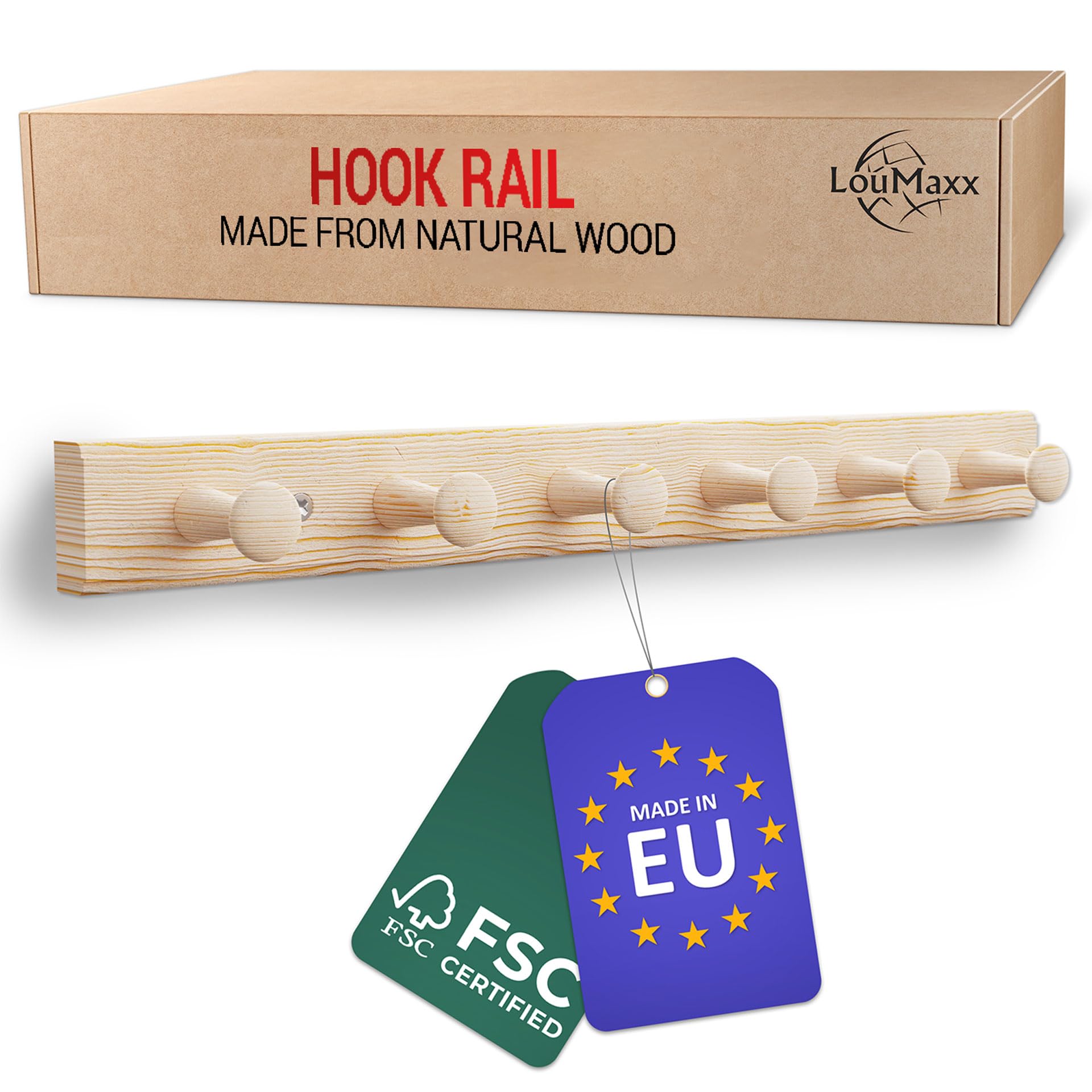 LouMaxx Wooden Hook Rack Made of Pine with 6 Wooden Hooks - Wall Mounting Coat Rack for Children - Untreated Pine Wood