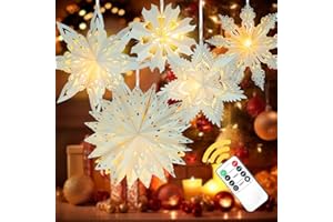 OUMUAMUA 5 Pack Christmas Paper Snowflake Lanterns, Christmas Paper Star Lantern with LED Light White Hanging Lamp Ornaments for Xmas Tree New Year Winter Frozen Weddings Birthday Holiday Party Decorations
