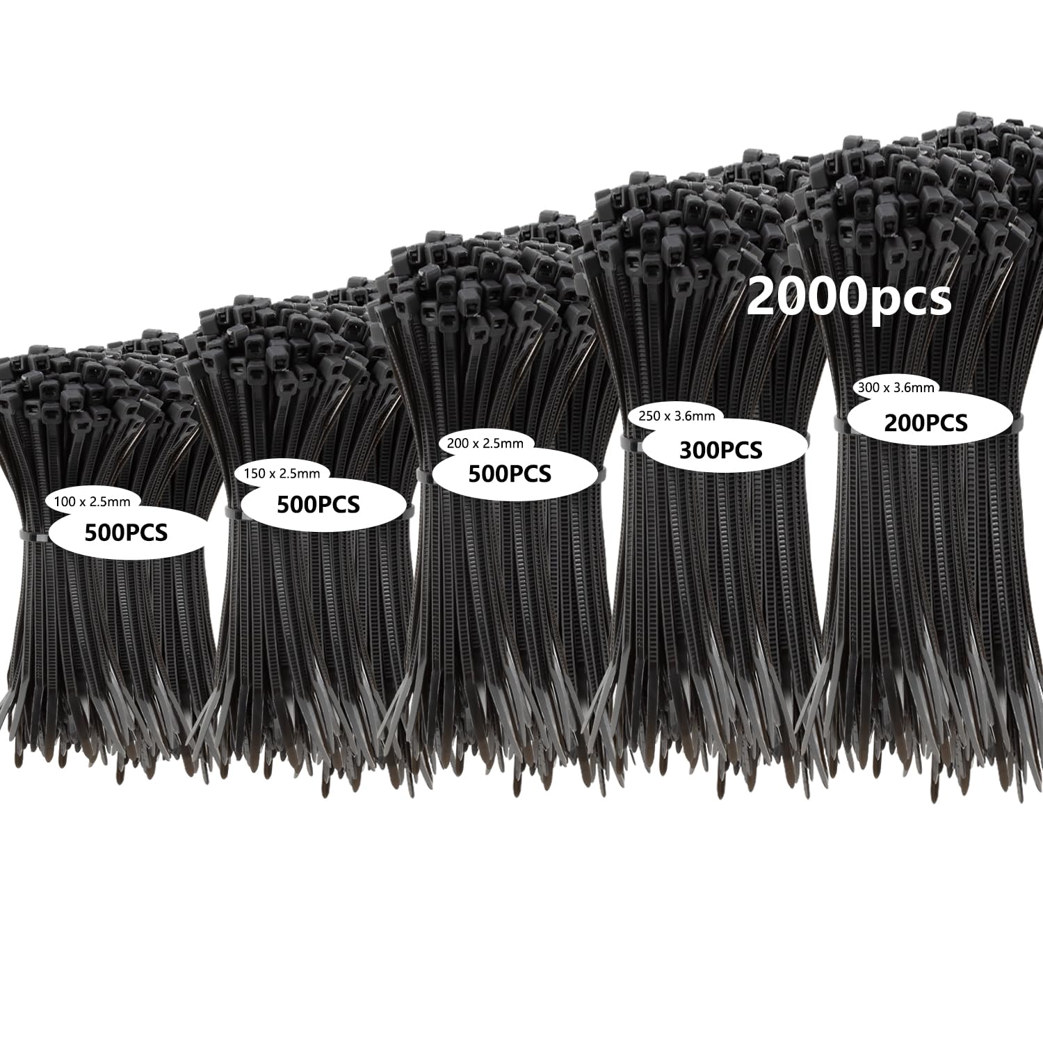 Armpow 2000 Pack Black Cable Ties Assorted Sizes Zip tie 100/150/200/250/300mm 40LBS Heavy Duty Tie Wraps Assorted Plastic Wire Ties Nylon 66 Plastic Ties for Indoor and Outdoor