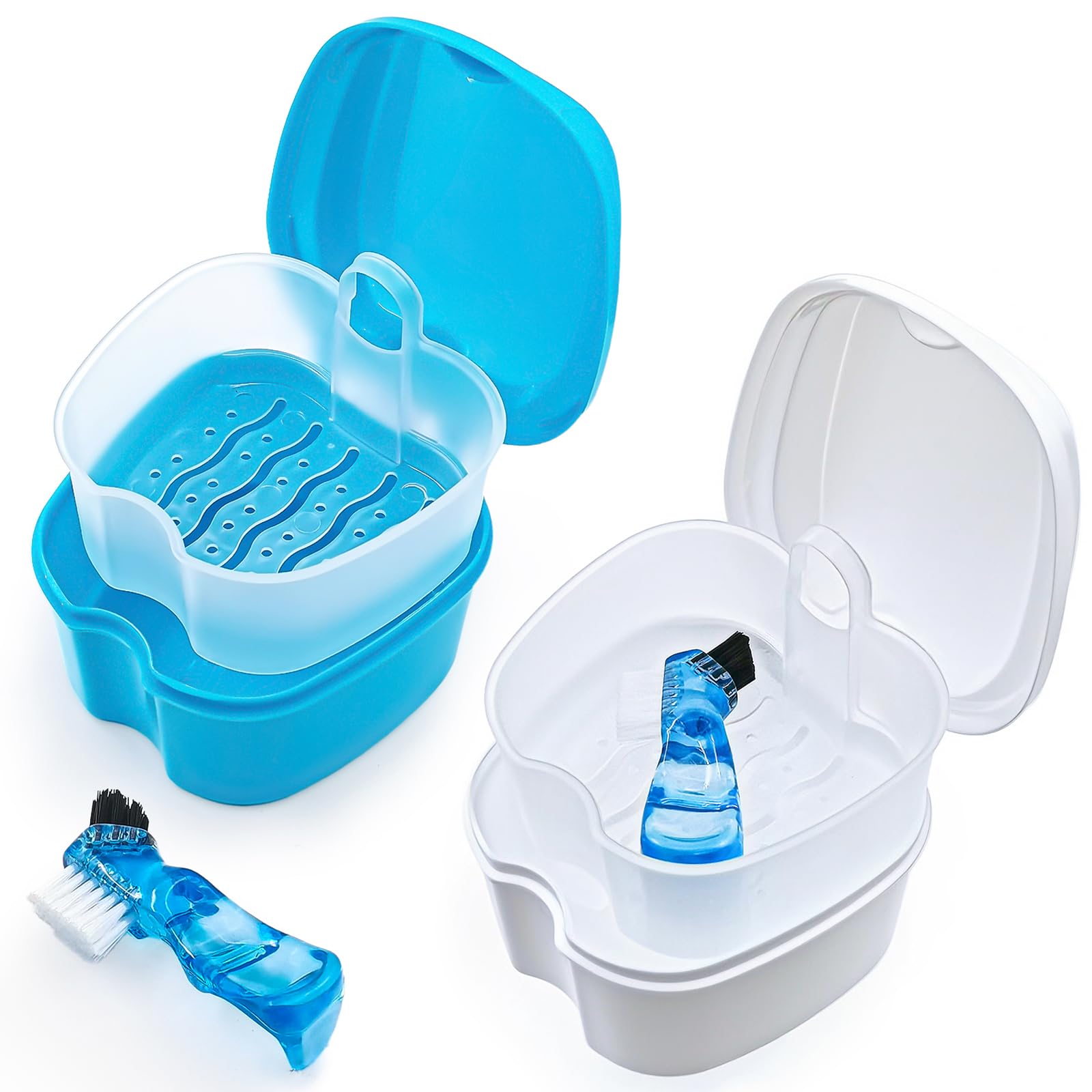 Keedolla 2 Pack Cute Denture Cups Denture Bath Container for Soaking False Teeth, Denture Storage Container Soaking Bath Case with 2 Brush - Blue and White — image 1