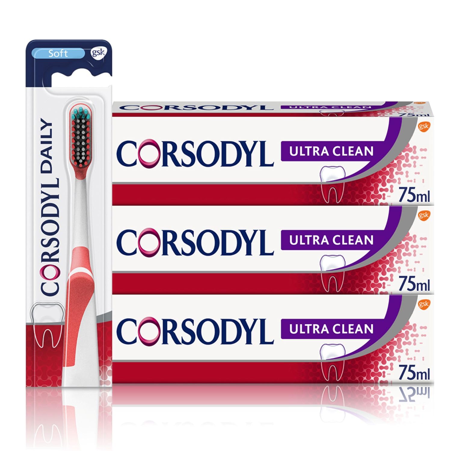 Corsodyl Gum Care Ultra Clean Toothpaste and Toothbrush Bundle: 3X Corsodyl Ultra Clean Toothpaste 75ml & 1x Daily Toothbrush Soft โ image 1