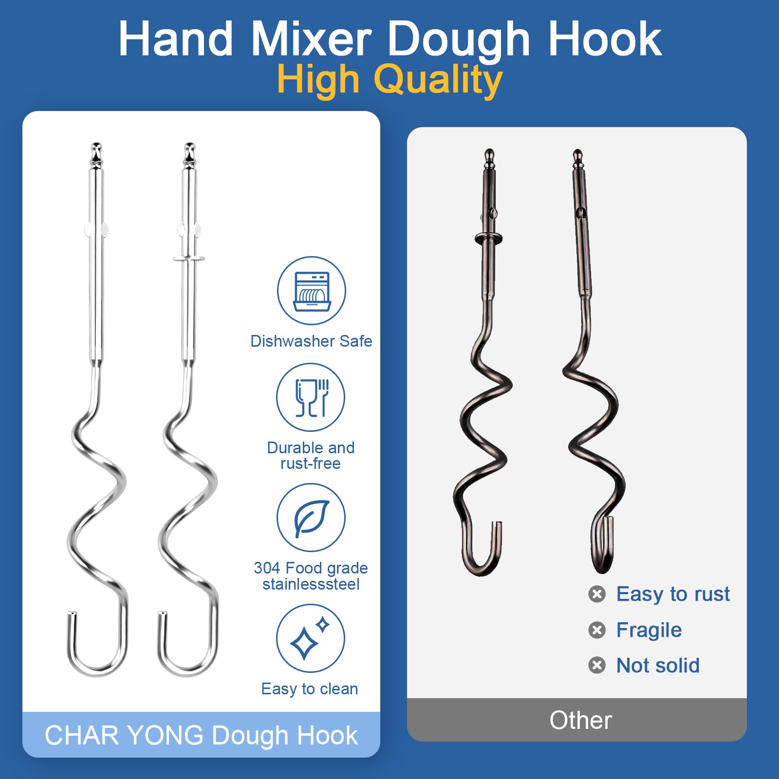 Hand Mixer Dough Hooks Replacement for Cuisinart - CHM Series Hand Mixer Parts,HM-50 HM-70 CHM-3 CHM-7PK Hand Mixers Dough Hook Stainless Steel Attachment,2 Pack