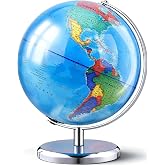 TTKTK World Globe with Stainless steel Stand Rotating Earth Spinning Globe for Kids Geography Classroom Education or Decorations (8 Inch Blue)