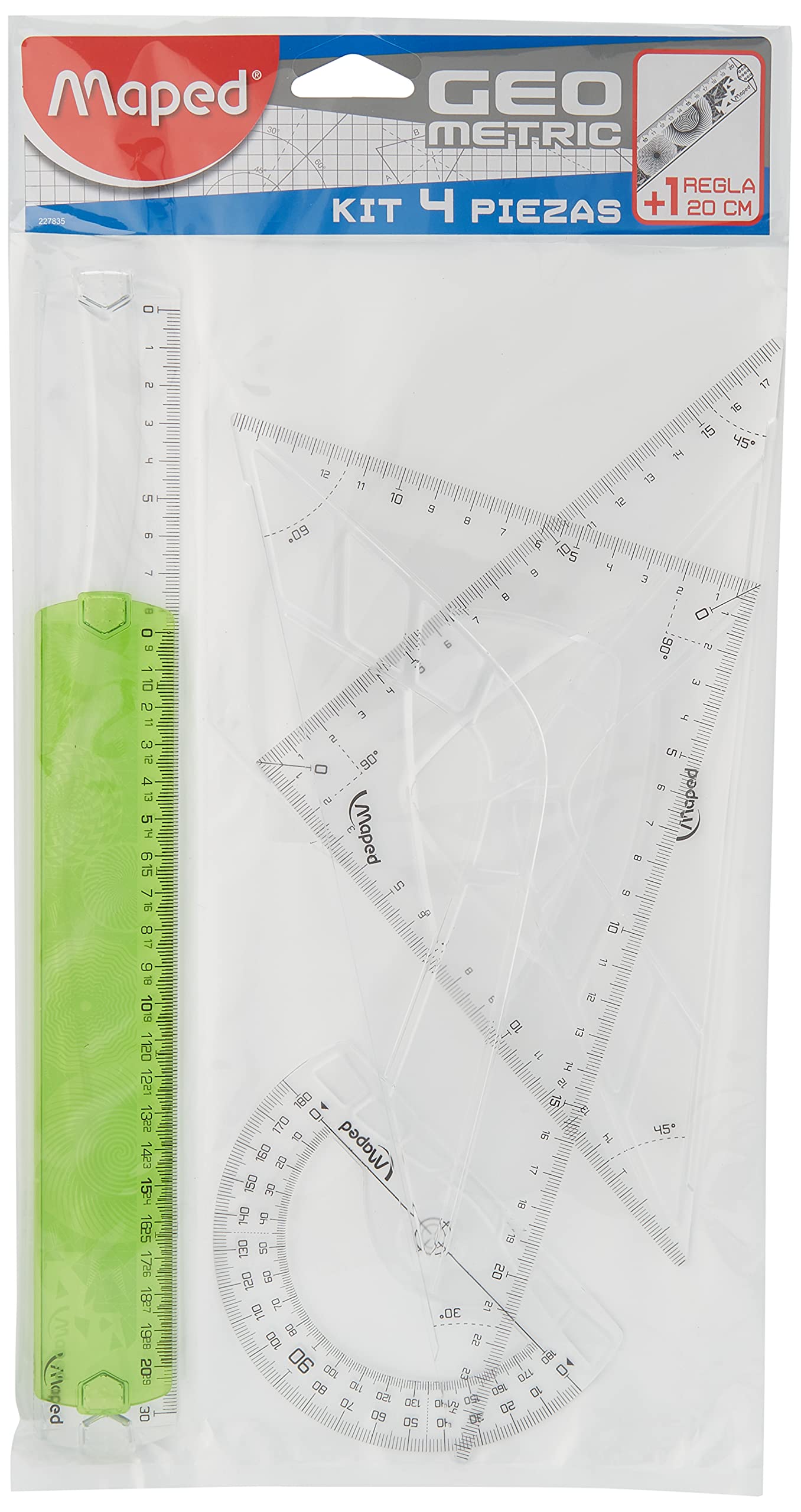 Maped 227835 - Drawing Kit 4+1, 30cm, Set Square, Triangle Ruler, Protractor and Ruler 20cm