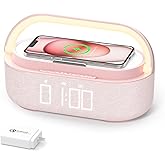 COLSUR Bluetooth Speaker Alarm Clock with Wireless Charger, FM Radio, Adjustable LED Night Light, 6 in 1 Bedroom Portable Speaker 2500mAh, Phone Stand for Bedside, Home, Office, Gift (Pink)