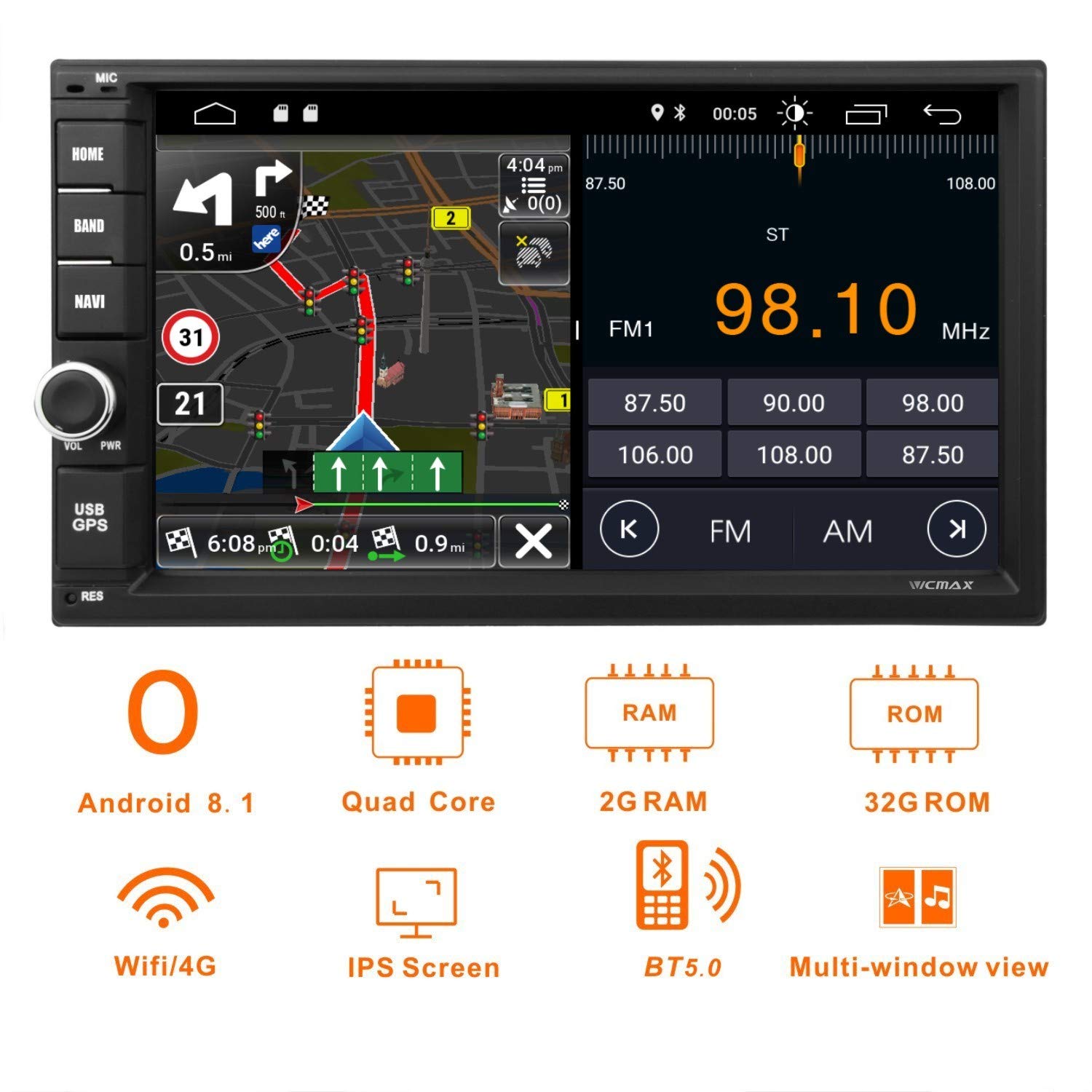 Android 8.1 Double Din Car Stereo,Car Radio Audio,Vicmax 7Inch Touch Screen  Android Auto,Quad-Core, 2GB RAM 32 ROM,GPS Navigation Support ...