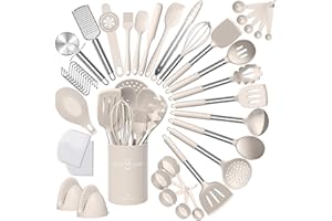 Umite Chef Silicone Kitchen Cooking Utensil Set, 43 pcs Spatula Set with Stainless Steel Handle, Non-stick Heat Resistant - Best Cookware Set-(Khaki)
