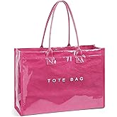 Lushandy PVC Tote Bag for Women, Large Plastic Tote Purse Work Kraft Paper Letter Print Shoulder Bag Carry All Hobo Handbag