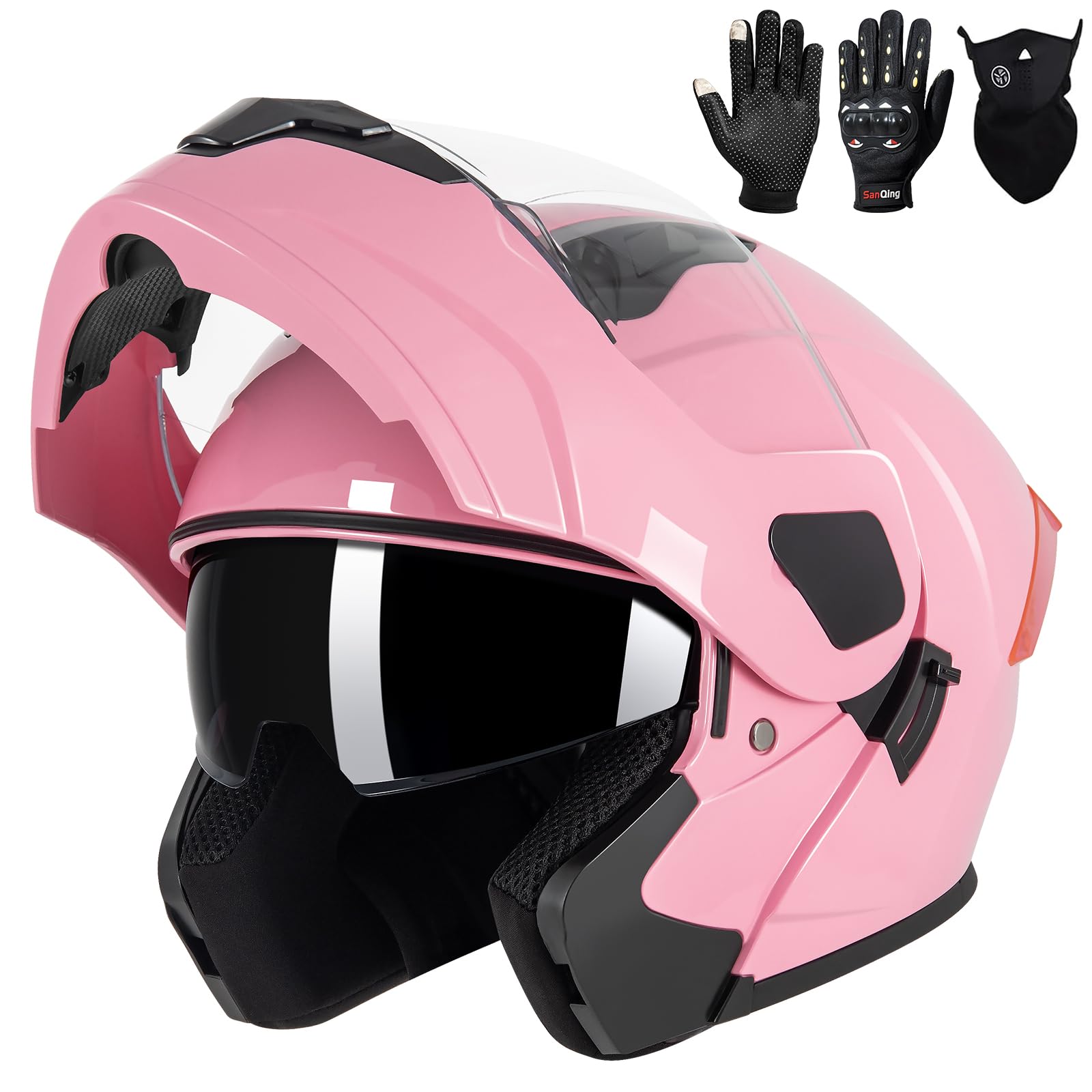 Photo 1 of **RUNS BIG** Adult Modular Motorcycle Helmets, DOT Approved Flip up Dual Visor Full Face Helmet for Men Women Moto ATV UTV Snowmobile ADV Four Wheeler Street Bike with Gloves & Mask (Pink, M)