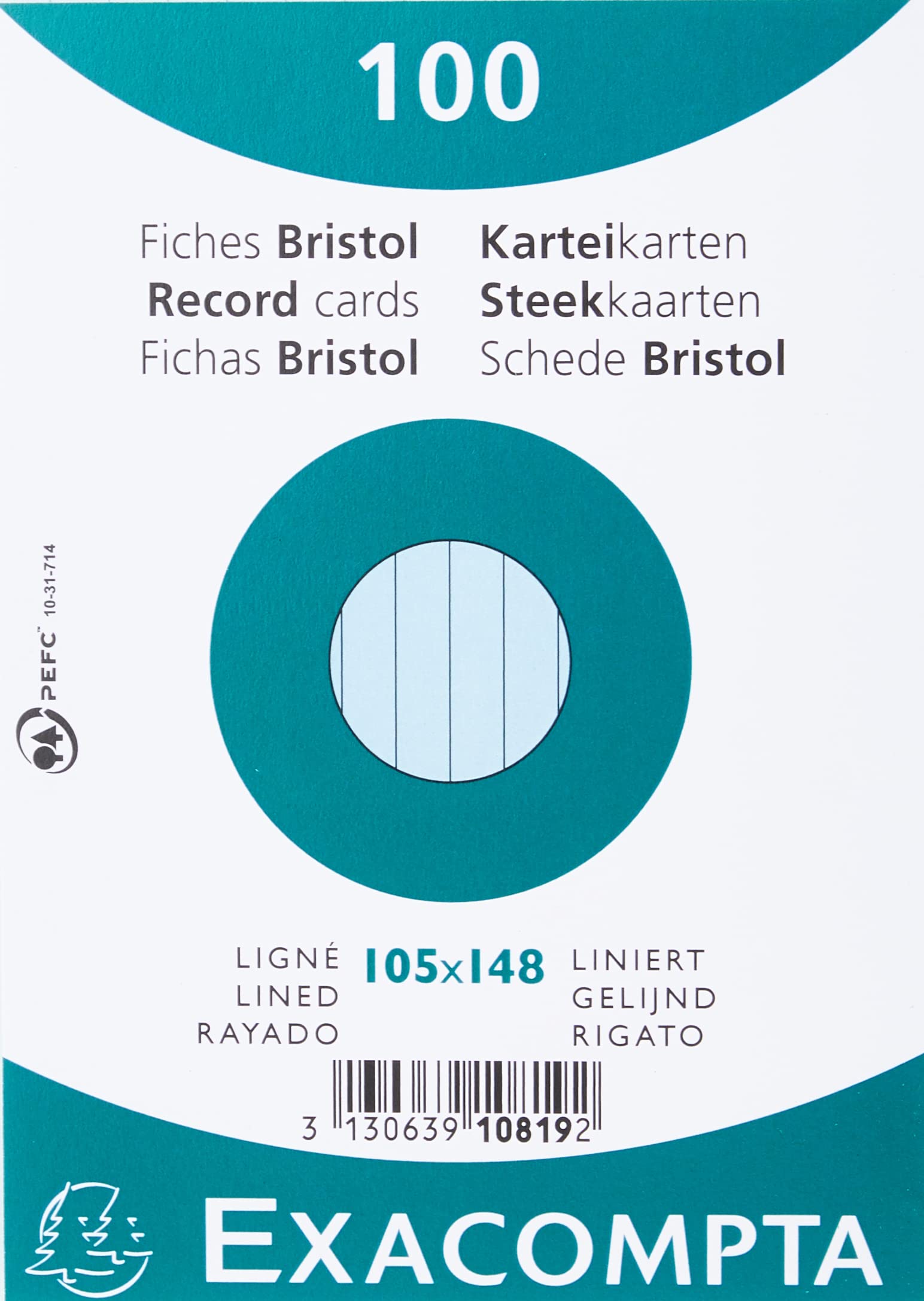 Exacompta - Ref 10819SE - Bristol Lined Record Cards (Pack of 100) - A6 in Size, 205gsm Card, Compatible with Printers - Suitable for Exam Revision & Notes - Blue