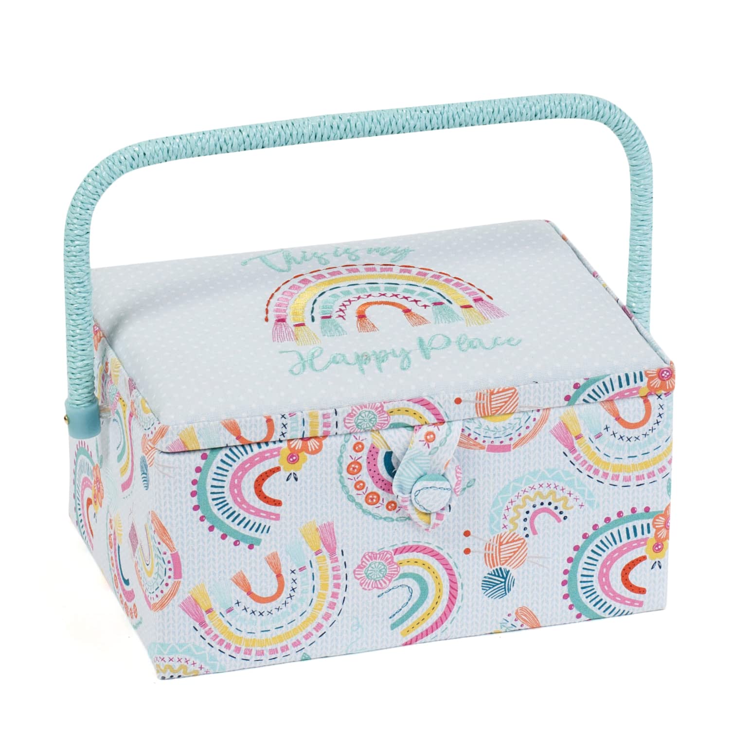 Hobby Gift Medium Sewing Box Organiser with Handle - Cotton Basket Sewing Storage Box, Craft Storage Boxes with Compartments for Tools & Accessories - 18.5 x 25.5 x 14.5cm, Embroidered Rainbow