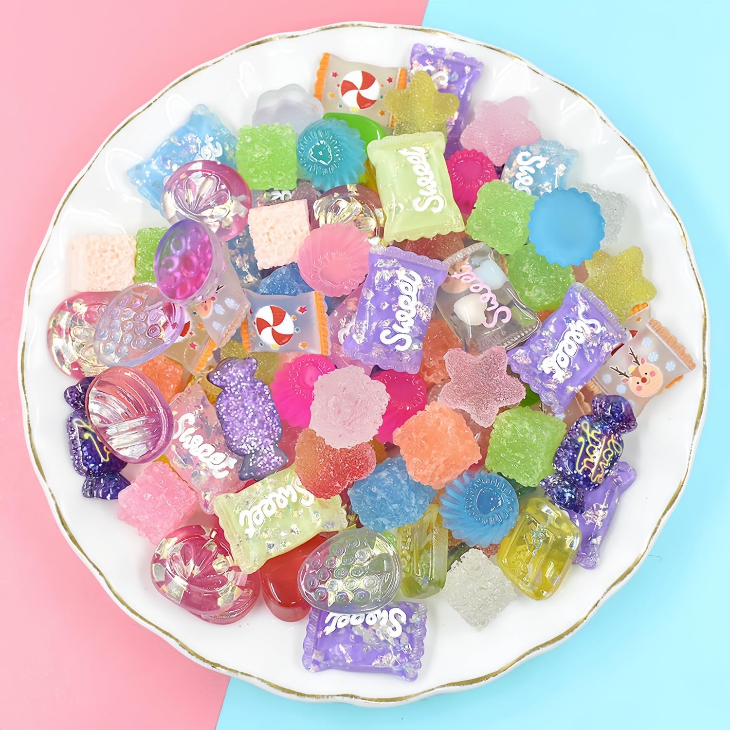 Ulalaza 100pcs Cute Slime Charms Mixed Set Resin Flatback Making Supplies For DIY Craft Making And Ornament Scrapbooking Beads Assorted Candy Fruit Cake Ornament