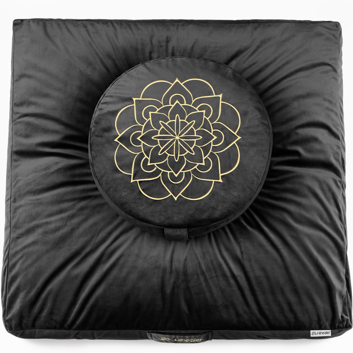 Photo 1 of Hihealer Meditation Cushion Set Large Velvet Floor Pillow & Traditional Tibetan Yoga Bolster for Adults Zafu Meditation Mat with Buckwheat Filling (Black)