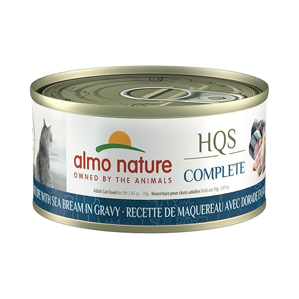 ALMO NATURE HQS COMPLETE CAT WET CAT FOOD MACKEREL RECIPE WITH SEA BREAM IN GRAVY – GRAIN-FREE CAT FOOD CANNED, 2.47 OZ (PACK OF 12)