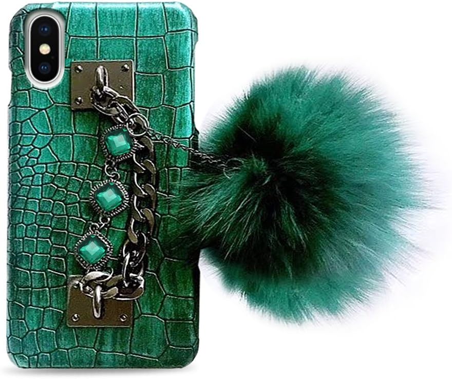 YESPURE Furry Ball Rhinestone Phone Case for iPhone X Fashion Luxury Fluffy Shining Diamond Design with Handhold Bracelet Hard PC Material Back Cover Green Crocodile