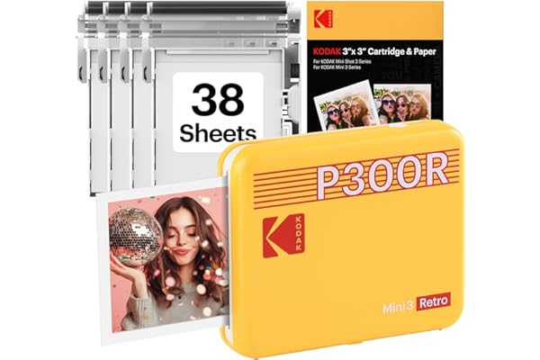 KODAK Mini 3 Retro 3x3 Portable Photo Printer, 4PASS, 38 Sheets, Yellow | Bluetooth, iPhone & Android Smartphone Compatible, Smudge-Proof, Water-Resistant, Fade-Resistant