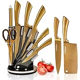 Luxury Silver & Gold Kitchen Knife Set with Block & Rod Sharpener – 8-Piece Titanium-Coated Stainless Steel Knives Set, Super Sharp Cutlery Tools, Stylish Knives Set for Kitchen