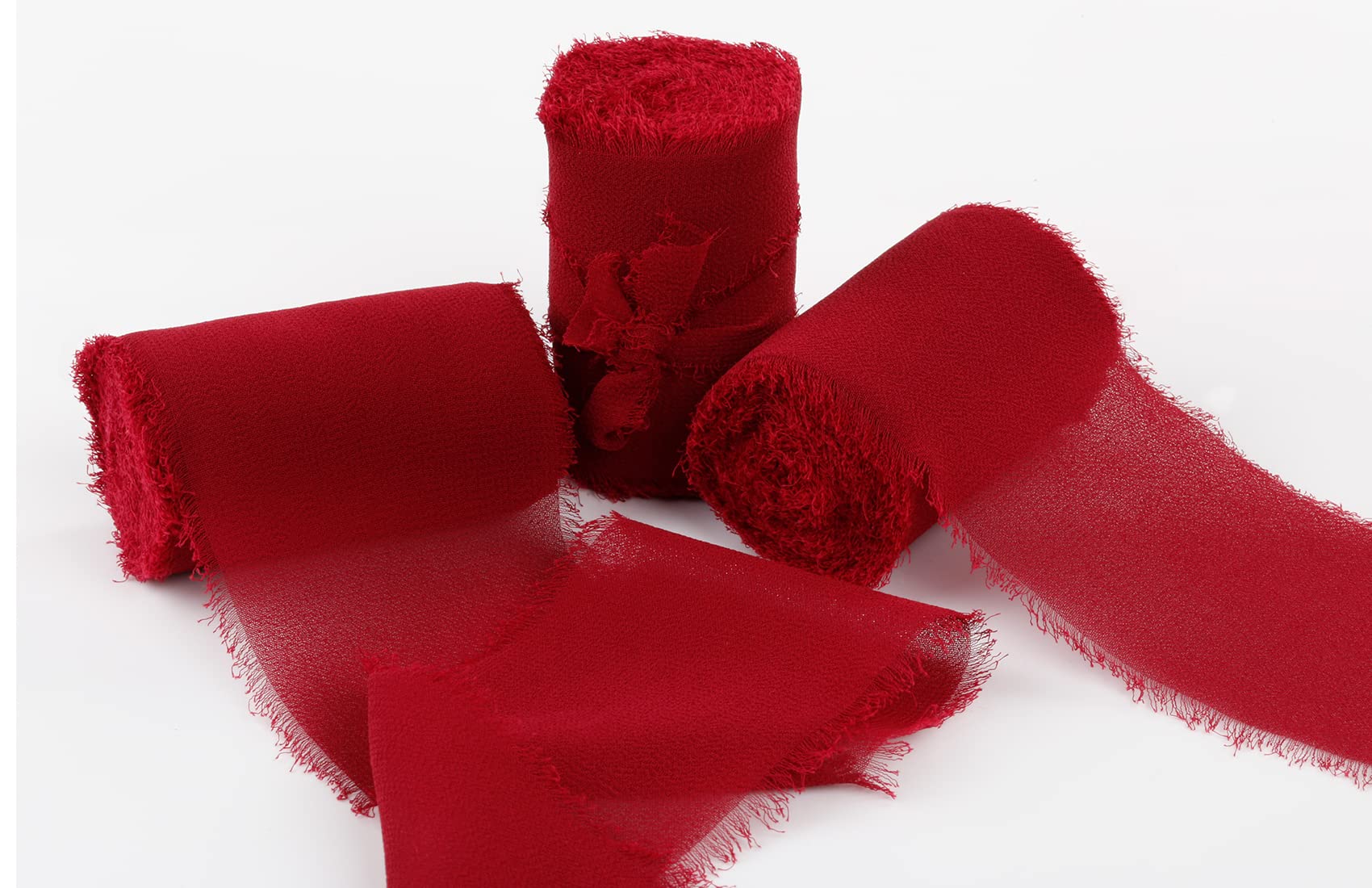 Joycrosso 3 Rolls Handmade Fringe Chiffon Ribbon Frayed Edges Burgundy Ribbon 60mmX4.5Meter, Great for Wedding Invitations, Bridal Bouquets, Decor Tie Gifts Wrapping, DIY Crafts