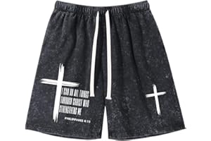 Fkatuzi Boys Christian Cross Graphic Shorts Kids I Can Do All Things Through Bible Verse Faith Acid Wash Gym Athletic Shorts