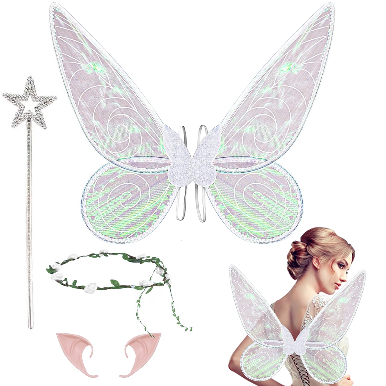 Fairy Wings for Girls & Women - Angle Wings Butterfly Costumes for Halloween Cosplay,Dress Up Party with Elf Ears Headband Magic Wand (White)