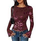 ZESICA Womens Bell Long Sleeve Going Out Tops 2026 Spring Trendy Mesh Floral Fitted Shirts Cute Date Y2k Top Outfits