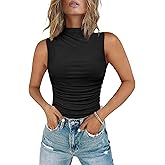 Chunpin Women's Mock Neck Mesh Sleeveless Bodysuit Ruched Going Out Tops Thong Body Suits Black M