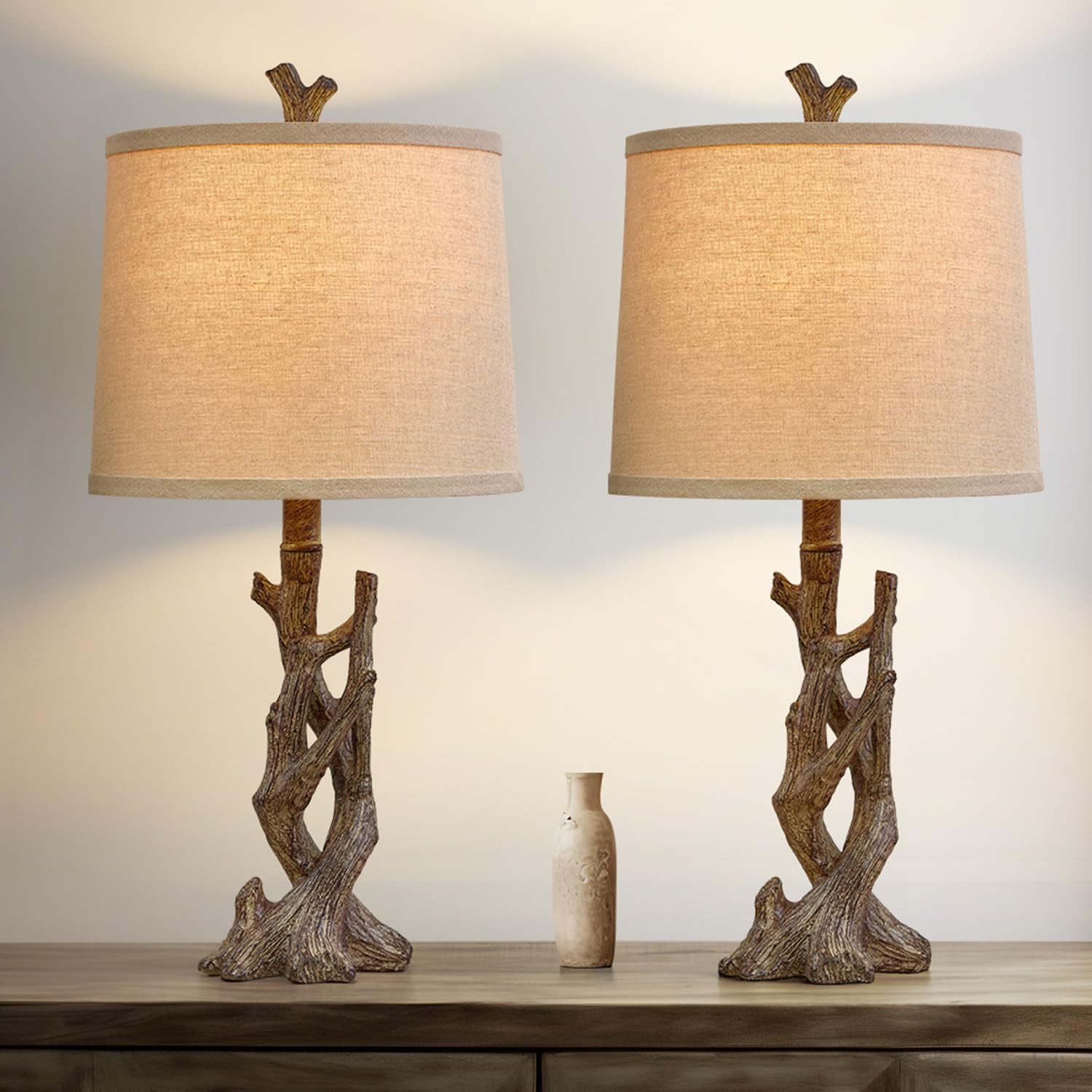 Photo 1 of ***Partial Set, Only 1*** OYEARS 23" Rustic Farmhouse Table Lamp Country Cottage Lamps for Nightstand Tree Trunk Wood Grain Lamp for Bedroom Living Room with Oatmeal Fabric Round Shade Resin Bedside Lamp