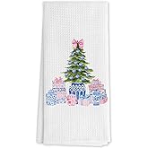 DNEULYR Preppy Chinoiserie Christmas Tree Kitchen Towels, Pink and Blue Xmas Tree Decorative Hand Towels for Bathroom, Grandmillennial Christmas Dish Tea Towels for Kitchen Decor, 16x24 Inch