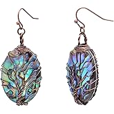 Hand Crafted Oval Abalone Shell Dangle Earrings for Women, Bronze Wire Craft Tree of Life Earrings