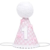 Agkvw Pink Bow 1st Birthday Hat for Girls - Pink Gingham First Birthday Hat, Bow Theme 1st Bday Decorations, Princess One Bday Decor for Girls