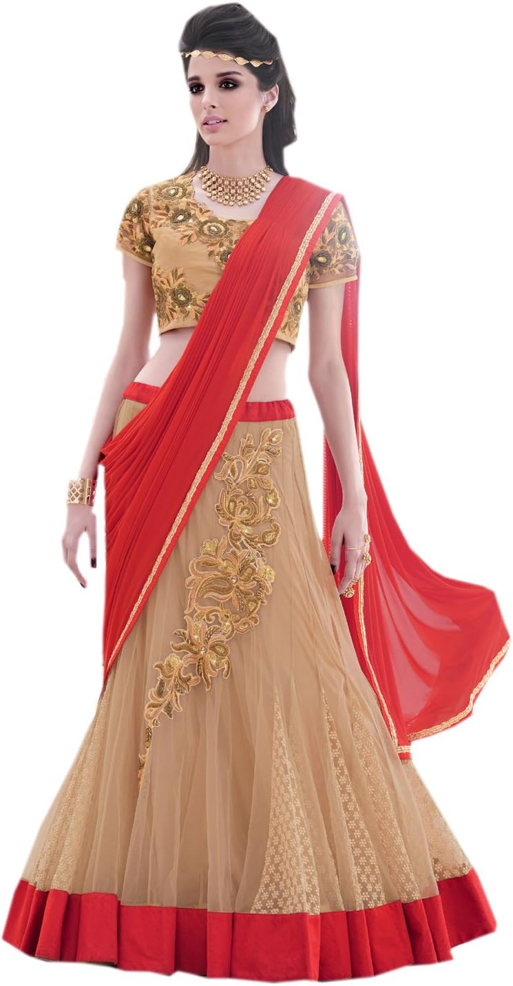 Odhni Women's Indian Bollywood Embroidered Red Beige Lycra Net Lehenga Saree