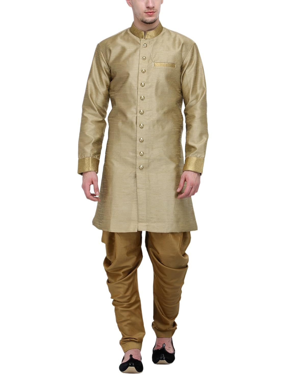 rg designers khaki and gold plain sherwani for men