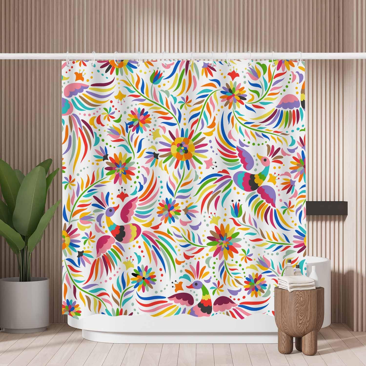 Woutay Shower Curtain Water Repellant Fabric Colorful Ethnic Birds and Flowers,Mould Proof Resistant,Polyester,Size 180x180CM