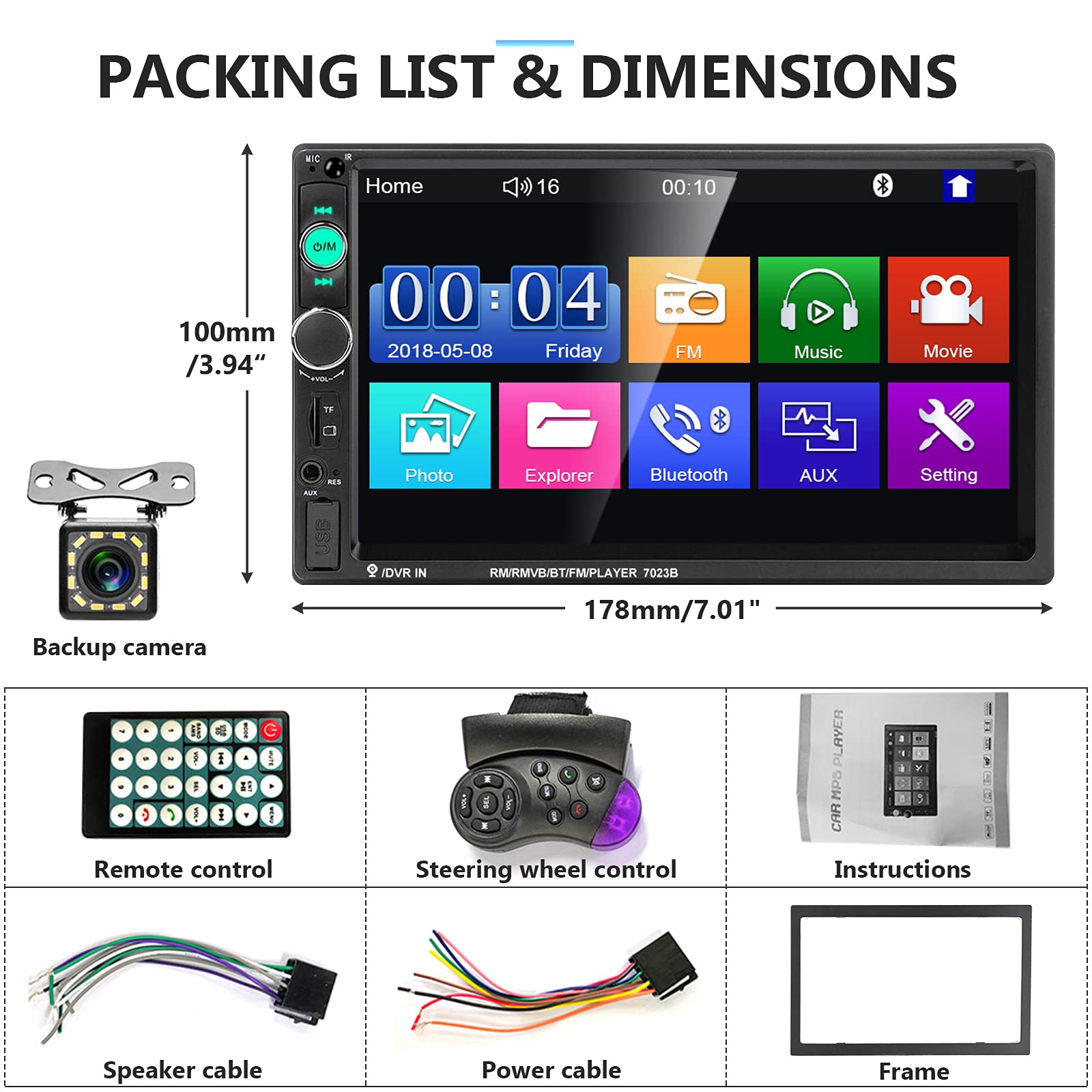 podofo Car Stereo Double Din Car Radio 7 Inch MP5 Player with HD Touch Screen Digital Display Bluetooth Multimedia Support PhoneLink USB SD Aux-in 2 Din Autoradio with Backup Camera