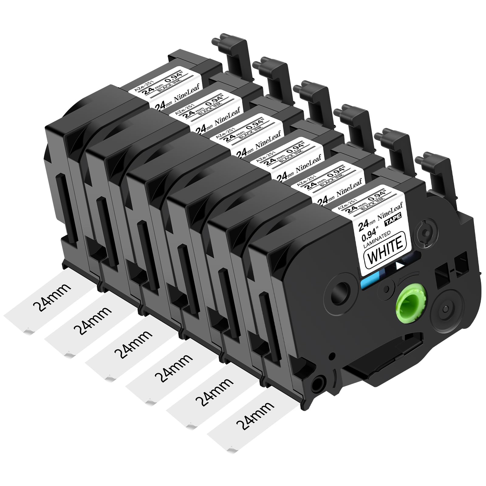 NineLeaf 6 Pack Replacement for Brother P-Touch TZe-251 TZ-251 TZe251 TZ251 AZe 24mm 0.94'' 8m Laminated Black on White Label Tape Cassette for Ptouch PT-9400 9500PC 9600 9700PC 9800PCN Label Maker