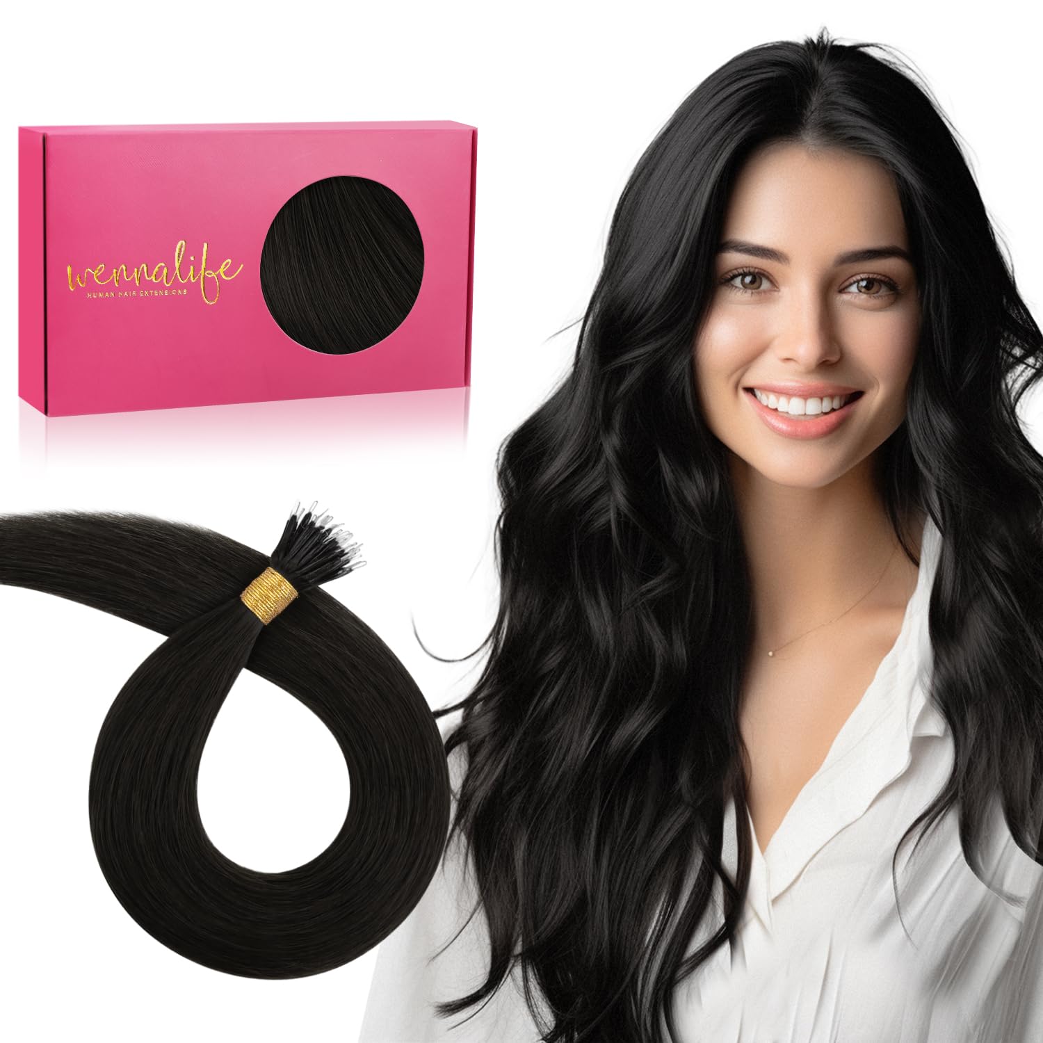 WENNALIFE Nano Hair Extensions Real Human Hair, 16 Inch 50g 100s Natural Black Nano Beads Hair Extensions Invisible Nano Ring Real Hair Extensions for Women — image 1