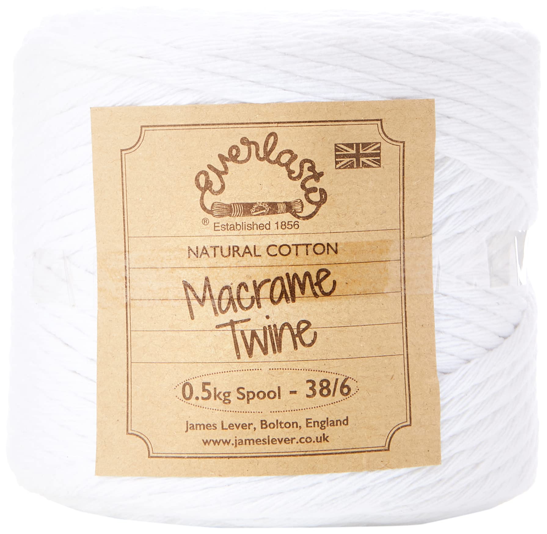0.5KG SPOOLS EVERLASTO SINGLE TWIST SOFT COTTON MACRAME CRAFT TWINE 38/6 (4MM APPROX) (SNOW WHITE)