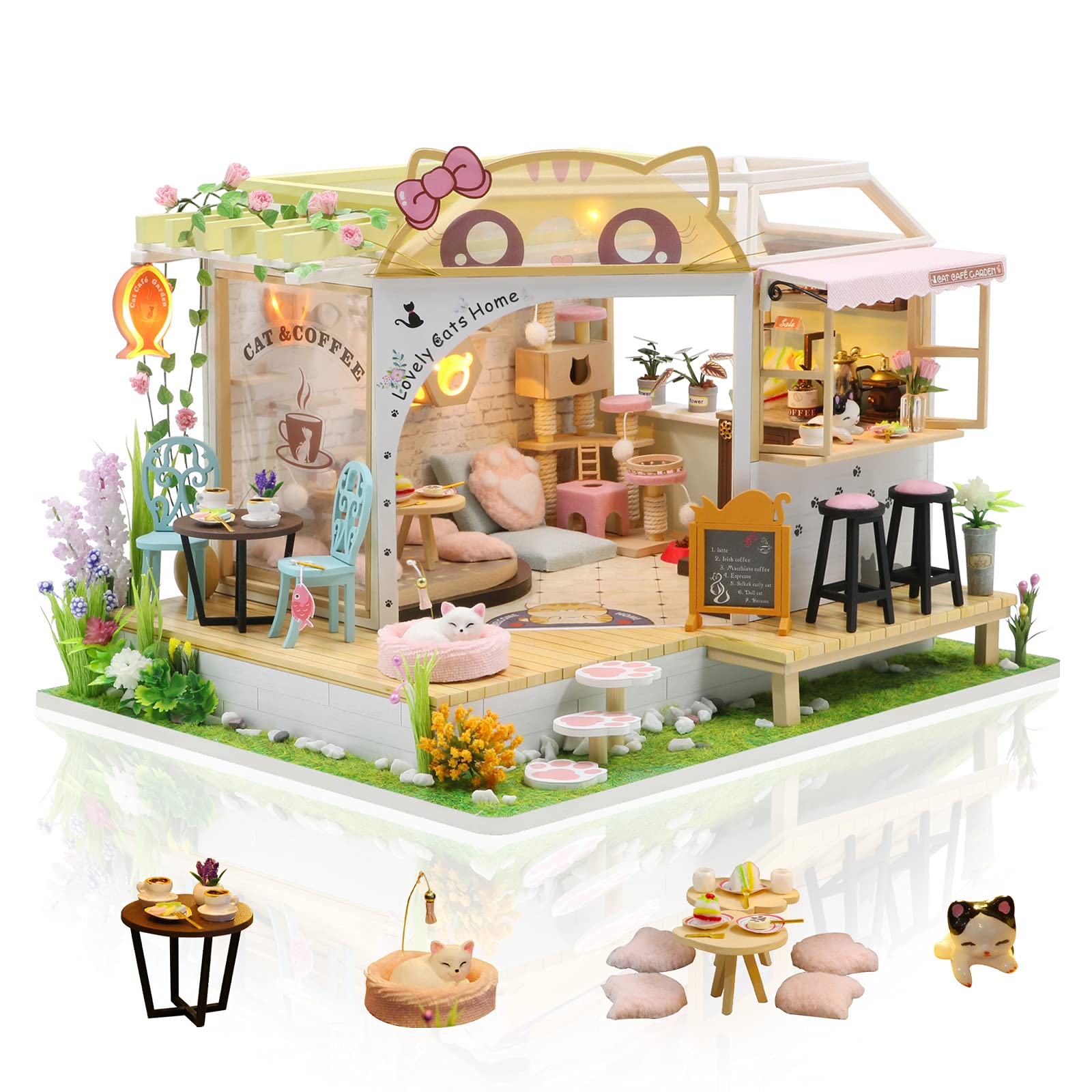 GuDoQi DIY Miniature Dollhouse Kit, Tiny House kit with Music, Miniature House Kit 1:24 Scale, Great Handmade Crafts Gift for Mother's Day Birthday Christmas Day,Lovely Cats' Coffee Shop