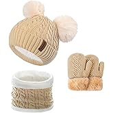 Kids Winter Beanie Scarf Gloves Set with 2 Pompom - Thermal Thick Fleece Lined Hat, Neck Warmer & Mittens for 1-10 Boys Girls
