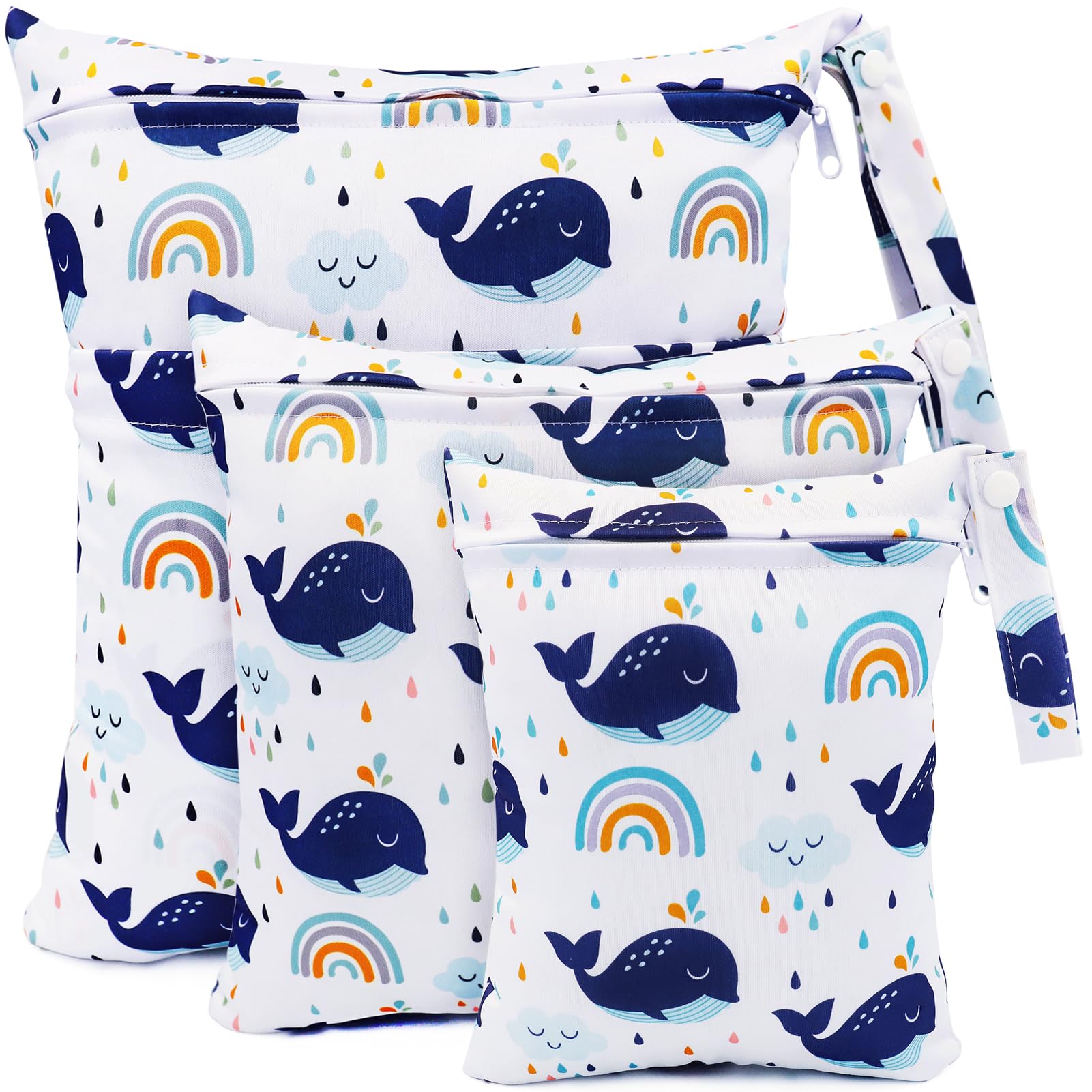 FenFang Baby Wet Bags, Cloth Nappy Organiser Pouches - 3 PCS Changing Bags, Waterproof & Reusable for Daycare, Travel, Swimming, Beach - Washable (White Whale) — image 1