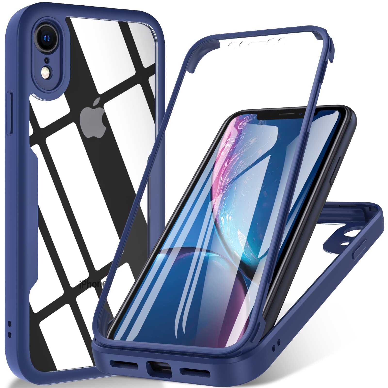OWKEY for iPhone XR Case, [Military Grade Drop] 360° Full Body Silikon Rugged Bumper Case with Built-in Soft PET Screen Protector, Shoockproof Cover Phone Case for iPhone XR 6.1 inch, Blue