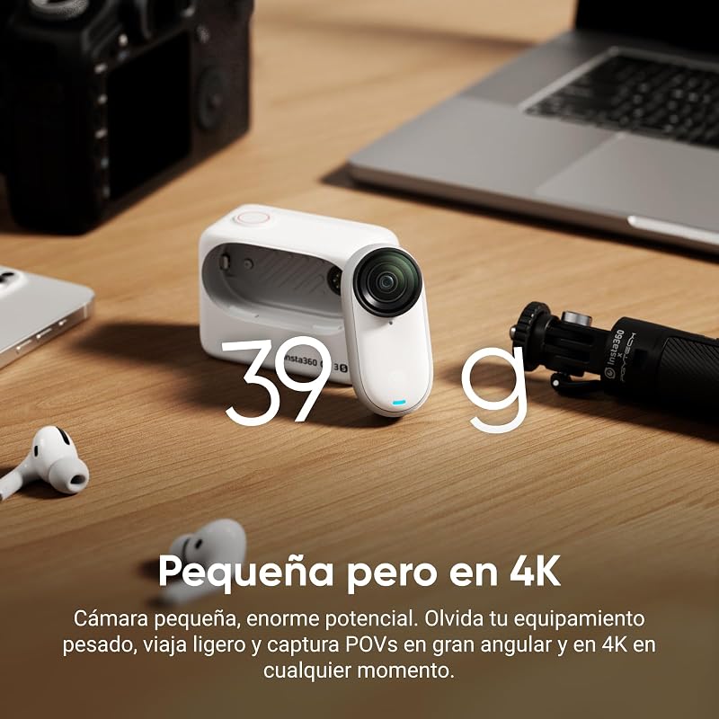 GO 3S Blanco(128 G), Cámara de vlogging 4K, Modo POV sin Manos, batería 140 min, edición IA e integración con Find My, Resistente al Agua 10 m, Montaje en Cualquier Sitio