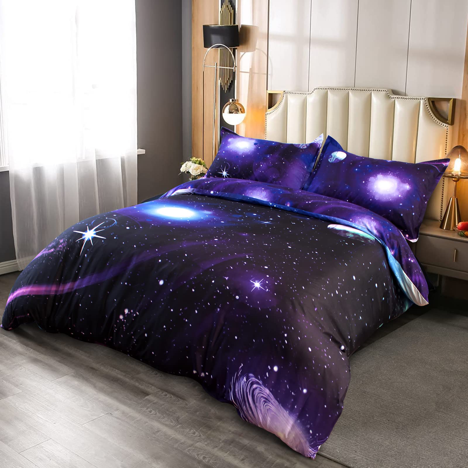 Choicehot Starry Sky Duvet Cover Single Size Set Galaxy Space Pattern Kids Bedding Set Ultra Soft Starry Theme Comforter Cover Kids Teens (1 x Quilt Cover + 2 x Pillowcases)
