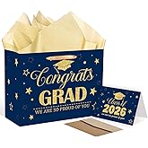GOLDCROW Blue Gold Graduation Gift Bag, Congratulations Class of 2026 Design with Tissue Paper and Greeting Card, for Class of 2026 Congrats Grad Party Decorations