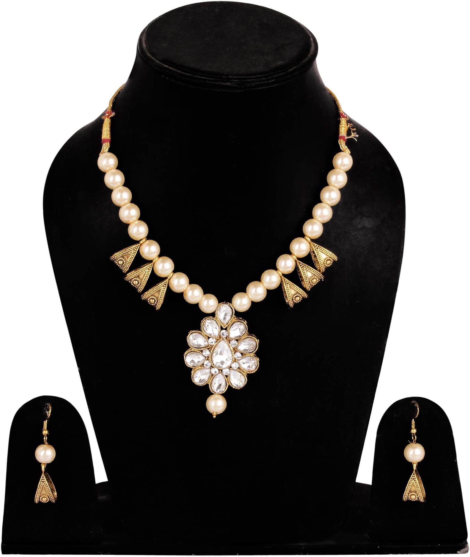 Steorra White Pearl String Zircon Studded Designer String Necklace Set with Earings for Women and Girls