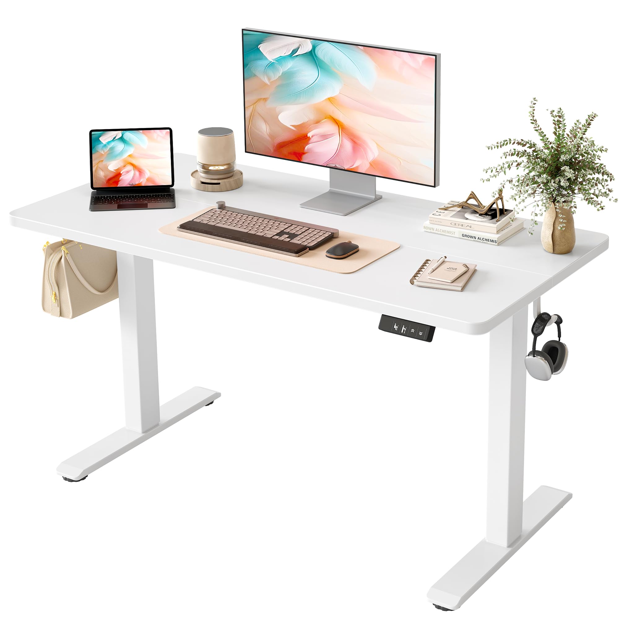 TIQLAB Electric Standing Desk, Adjustable Height Stand up Desk, 55 * 24 Inches Sit Stand Home Office Table with Splice Board, White