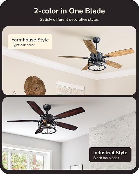 EDISHINE 52″ FARMHOUSE CEILING FANS WITH LIGHTS, 10%-100% DIMMABLE, REMOTE CONTROL, 5 WOOD BLADES, 1/2/4/6H TIMER, 6 SPEEDS REVERSIBLE DC MOTOR, RUSTIC CEILING FAN FOR BEDROOM LIVING ROOM, UL LISTED